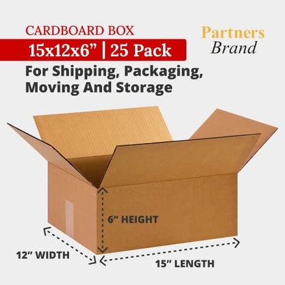 Partners Brand 15 x 12 x 6 Corrugated Cardboard Boxes, 15"L x 12"W x 6"H, Pack of , 25 | Shipping, Packaging, Moving, Storage Box for Business, Strong Wholesale Bulk Boxes 15126