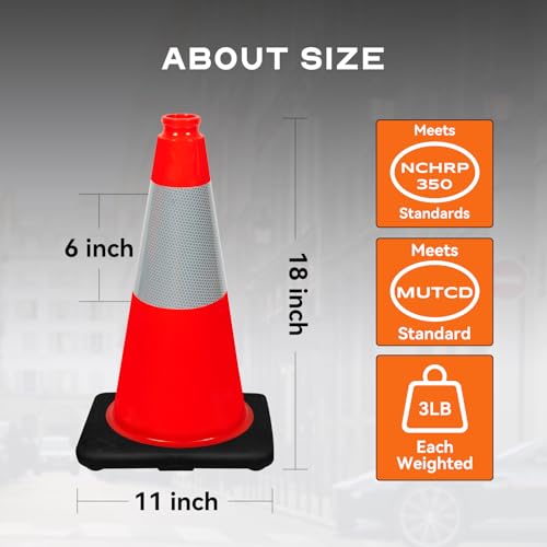 (Set of 6) CJ Safety 18" Black Base Orange PVC Traffic Safety Cones with 6' Reflective Collar (6 Cones) - size: 6 Cones