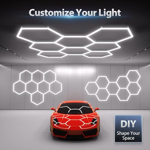Hexagon Garage Lights: 245W 35 Pack 8 Grids LED Garage Lights - Easy Install 6500K Super Bright Honeycomb Light for Warehouse, Car Detailing Shop, Exhibition Hall, Gym - size: 8 HEX