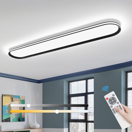 ADISUN Modern LED Ceiling Light Dimmable Linear Ceiling Light 39.4in Semi Flush Mount Long Lights with Remote Control and Side Lighting for Living Room Kitchen Dining Room (65W) - color: Black-1Pack, size: 39 Inch