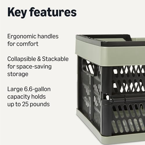 Amazon Basics Collapsible Plastic Grocery Shopping Baskets with Ergonomic Handles, Stackable, 6.6 Gallon Capacity, Green, 3 Pack
