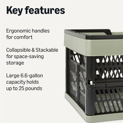 Amazon Basics Collapsible Plastic Grocery Shopping Baskets with Ergonomic Handles, Stackable, 6.6 Gallon Capacity, Green, 3 Pack