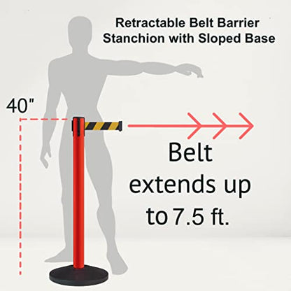Montour Line MS630 Set of 2 Retractable Belt Barrier Stanchion, Sloped Base, Red Post (7.5 ft Black Belt) - color: Black, size: 7.5 ft