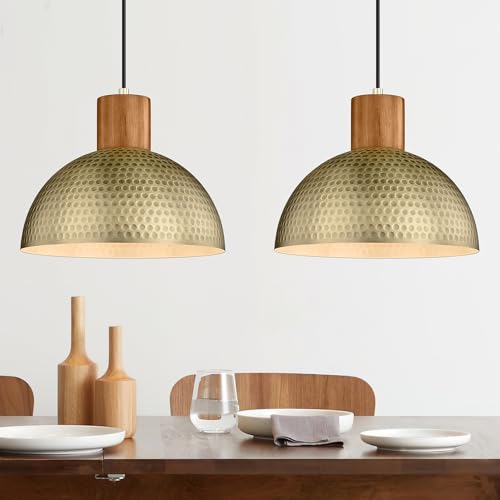 ELYONA 2 Pack Hammered Pendant Lights 12” Vintage Metal & Wood Dome Hanging Lamp Antique Gold Industrial Kitchen Pendant Light Fixtures for Island, Farmhouse, Dining Room, Sink, Hallway, Brushed Brass - color: Brass - 2 Pack