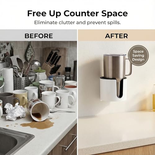 Wall Mounted Cup Holder,Large Size for Cups,Mugs and Cans.(White)