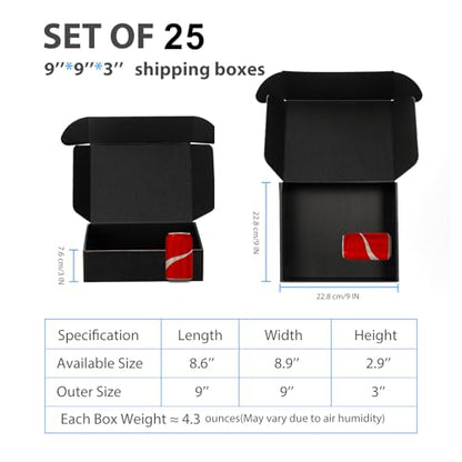 9x9x3 Black Shipping Boxes for Small Business, Packing, 25 Pack - color: Black, size: 9x9x3 inch