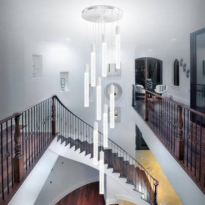 9-Light Silver High Ceiling Crystal Staircase Chandelier, Modern Spiral Raindrop Crystal Column Bubble Dimmable LED Cluster Hanging Chandeliers for Foyer Living Room Entrance - color: Silver, size: 9-Light