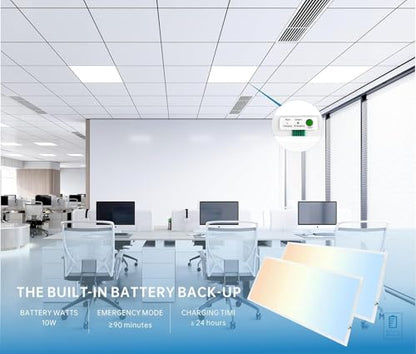 2X4 LED Flat Panel Light with Emergency Battery Backup, 50W 3000K/4000K/5000K, 0-10V Dimmable, 6500 Lumens, Backlit Drop Ceiling Panel, 100-277V, UL Listed, Built-in Backup – 2 Pack