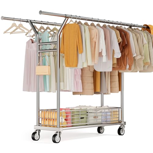 Heavy Duty Clothes Rack Load 670LBS, Double Rods Rolling Clothing Racks for Hanging Clothes, Rolling Garment Rack With Sturdy Wheels Shelves, Portable & Adjustable Commercial Garment Rack, Silver - color: Silver, size: 23.0" x 65.75" x 63.0"(2 Rods)