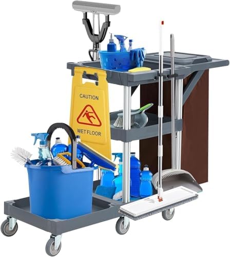 Heavy-Duty Janitorial Cleaning Cart with Wheels, 3-Shelf Rolling Housekeeping Trolley with 16-Gallon Trash Bag – 220 Lb Capacity Utility Cart for Hotels, Schools, Offices & Apartments - color: Grey Without Cabinets