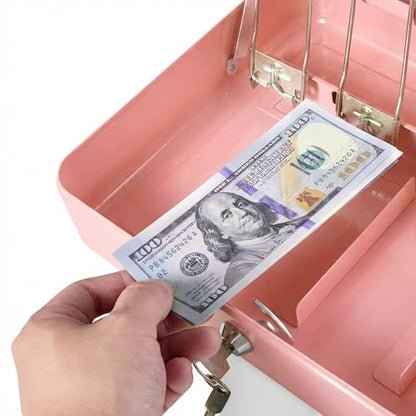 Locking Cash Box with Key Lock and Money Tray, Money Box, Lock Safe Box, Cash Money Lock Safe Box for Cash Register 11.8"x9.45"x3.54" (Pink Key) - color: Pink Key