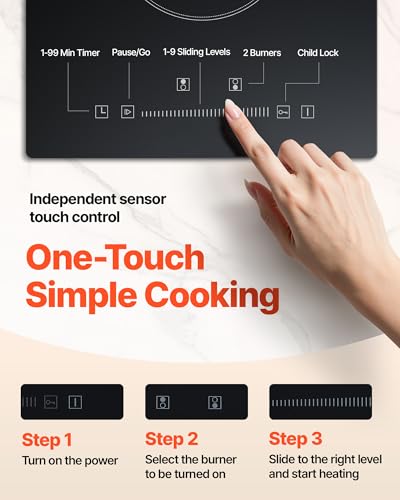 VEVOR Built in Electric Stove Top, 12 inch 2 Burners, 240V Glass Radiant Cooktop with Sensor Touch Control, Timer & Child Lock Included, 9 Power Levels for Simmer Steam Slow Cook Fry - size: 12 IN-2 Burner+Touch Control