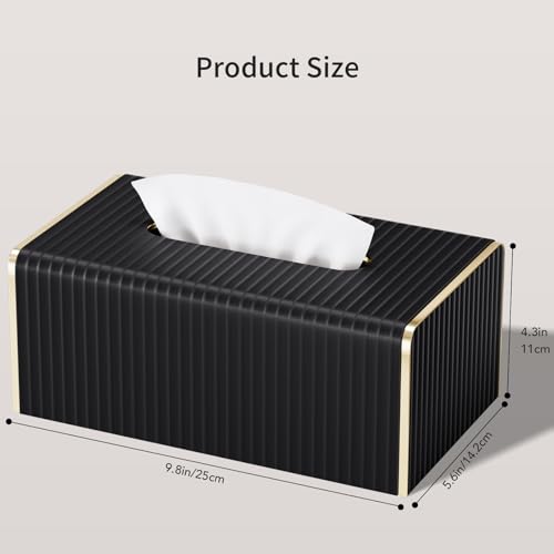 Tissue Box Cover,Black Rectangle PU Leather Tissue Holder with Gold-Tone Edging Accents,Tissue Box Cover for Bathroom Toilet Bedroom Living Room Table Desk Office,Countertop - color: Black, size: Rectangle Standard