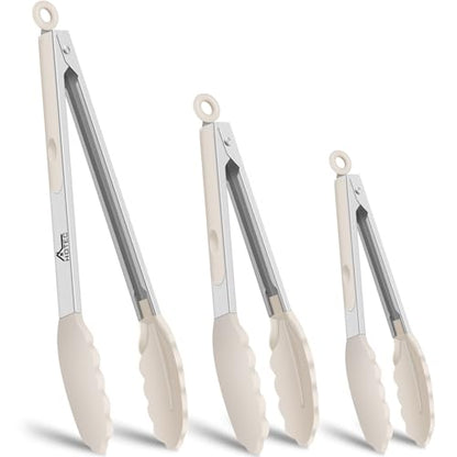 HOTEC Stainless Steel Kitchen Tongs with Silicone Tips, Set of 3-7",9" &12" - color: Khaki:12+9+7inch