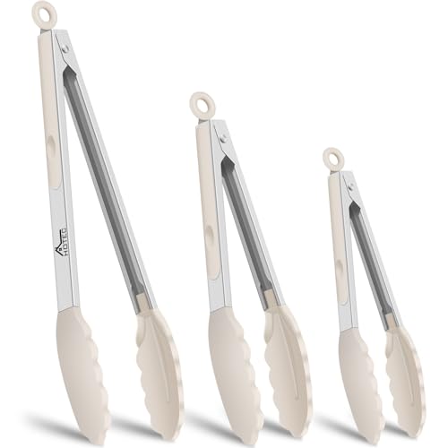 HOTEC Stainless Steel Kitchen Tongs with Silicone Tips, Set of 3-7",9" &12" - color: Khaki:12+9+7inch