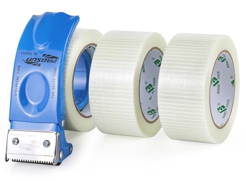 BOMEI PACK 3Rolls Filament Strapping Tape 2Inch with Dispenser, Heavy Duty Fiberglass Reinforced Packing Tape for Shipping, Cross Bi Directional Filanent Tape 2inch x 30Yds x 5.9Mil, Total 90Yds