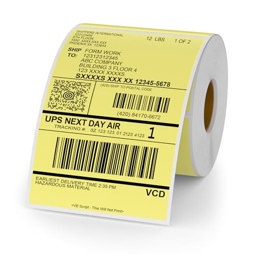 Yellow Thermal Labels 4 × 6 Inch Waterproof Vinyl Stickers 250 PCS - color: Yellow