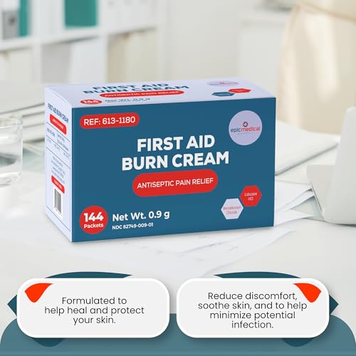 First Aid Burn Cream Packets Box of 144, Burn Ointment with Lidocaine and Benzalkonium Chloride for Minor Scrapes, Cuts, and Skin Irritations, Home and Medical Skincare