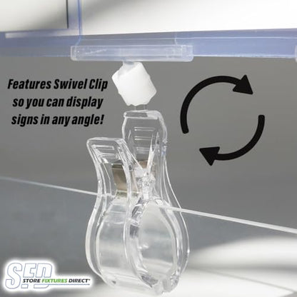 Rotating Clip On POP Swivel Sign Holding Clamp with Card Protector for Hangrails or Tubes - 3 Pack