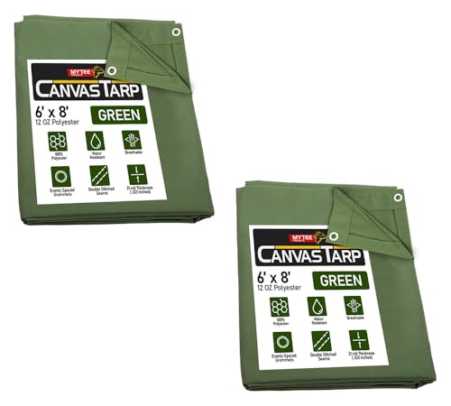 (2 Pack) 6' x 8' Green Canvas Tarp 12oz Heavy Duty Water Resistant - color: Green (2 Pcs), size: 6' x 8'