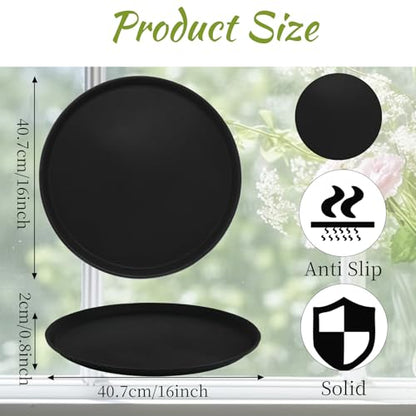 9 Pcs 16 Inch Large Restaurant Serving Trays Black Round Non Slip Plastic Tray with Rubber Lined for Bar Drink Cafeteria Food Coffee Table Hotel Party