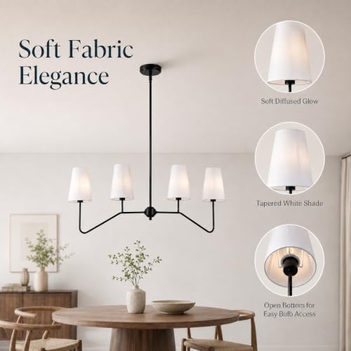 43" W 4-Light Linear Chandelier,Black Kitchen Island Pendant Lighting with White Fabric Shades,Adjustable Height Modern Dining Room Light Fixture,E12 for Kitchen Dining Room Foyer - color: 4 Light-Black