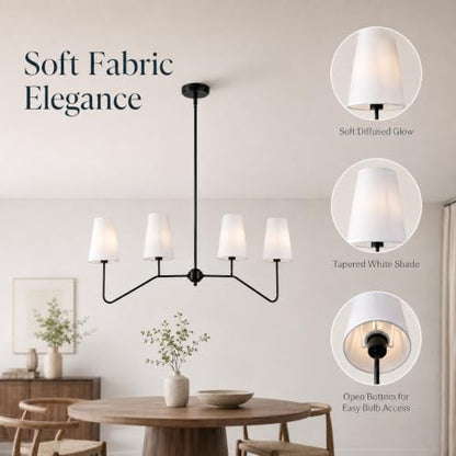 43" W 4-Light Linear Chandelier,Black Kitchen Island Pendant Lighting with White Fabric Shades,Adjustable Height Modern Dining Room Light Fixture,E12 for Kitchen Dining Room Foyer - color: 4 Light-Black