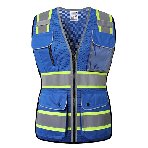 Reflective Safety Vest for Women Mesh High Visibility Vest with 8 Pockets and Front Zipper High Vis Vest Work Vests (Blue-16, X-Large) - color: Blue, size: X-Large