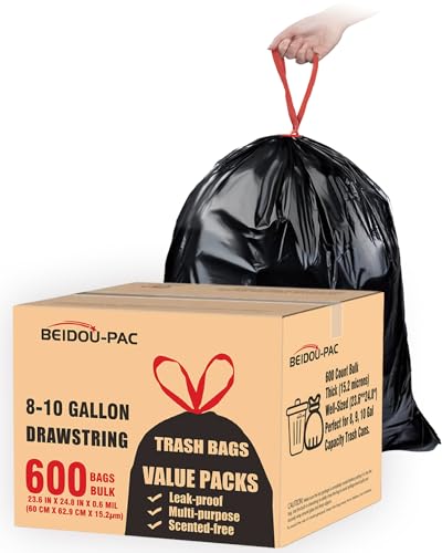 BEIDOU-PAC 8-10 Gallon Trash Bags Drawstring, 600 Count Bulk, Black & Unscented Multi-purpose Garbage Bags for Business Home Bathroom Kitchen Commercial and Industrial - style: 8-10 Gallon |600 Count(Value Pack)