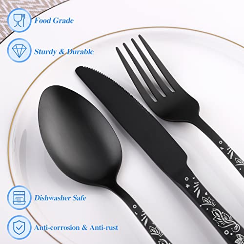 40 Piece Skull Pattern Matte Silverware Set for 8, Black Flatware set Service for 8,Gothic Unique Skull Pattern Design,18/0 Stainless,Satin Finish Cutlery for 8,Dishwasher Safe - color: Matte Black-Skull /40pieces