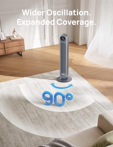 DREO Tower Fan for Bedroom, 25ft/s Velocity, 28dB Ultra Quiet, 4 Speeds - color: Grey, size: 36 inch