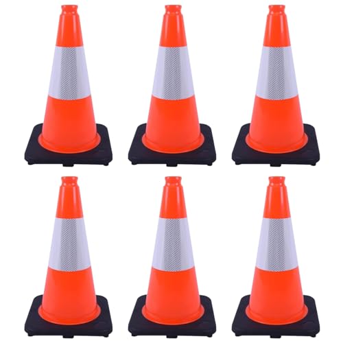 6 Pack 18 Inch Orange Reflective Traffic Cones, Black Base PVC Safety Cones for Construction Sites, Parking Control and Hazard Marking (6, Orange, 18 Inch) - color: Orange, size: 18 Inch