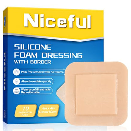 Niceful Silicone Foam Dressing 4"x4" 10 PCS Waterproof Bandages for Wound - size: 4"x4"(10 PCS)