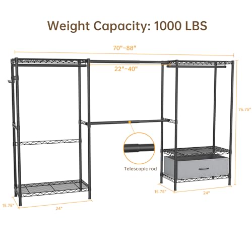 Golpart Heavy Duty Clothing Rack with Adjustable Shelves Clothes Wardrobe - color: Black, size: 15"DX(70-88)"WX74.5"H