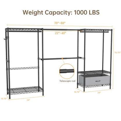 Golpart Heavy Duty Clothing Rack with Adjustable Shelves Clothes Wardrobe - color: Black, size: 15"DX(70-88)"WX74.5"H