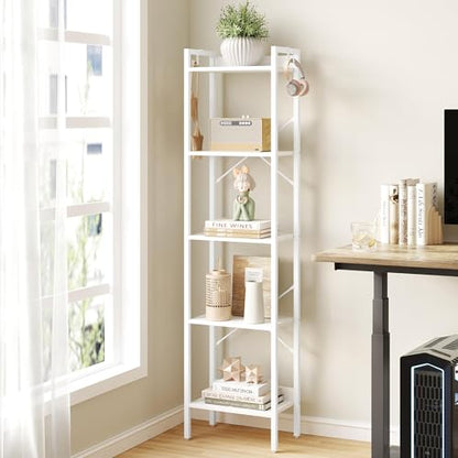 Hzuaneri Bookshelf, Book Shelf, Industrial Bookcase with 2 Hooks - color: White, size: 9.4"D x 15.7"W x 63"H