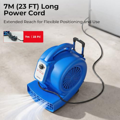 Air Mover Blower Fan, 1/2 HP Floor Dryer, 1800 CFM 3 Speed Adjustable Wide Angle Airflow, Swivel Wheels Telescopic Handle 7ft Cord, Carpet Floor Commercial Use