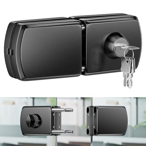 Ranbo No-Drill Double Glass Door Lock with Key for Swing Door, Four-Bolt - color: LE-201B Brushed Black