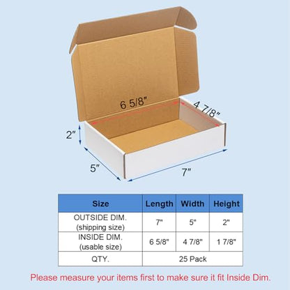 Wowxyz Shipping Boxes 7x5x2" 25 Pack - White Corrugated Cardboard Box Mailers for Small Business, Literature Mailer Box Packaging Supplies - size: 7x5x2"