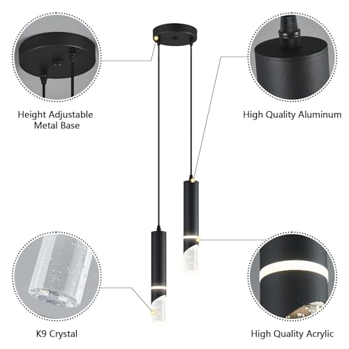Modern Dimmable Led Pendant Lights Kitchen Island, Ideal for Living Room, Bedroom,Sink 12w LED Crystal Energy-Saving Hanging Lamp for Cozy Lighting (Black 2 Light) - size: 2-Light