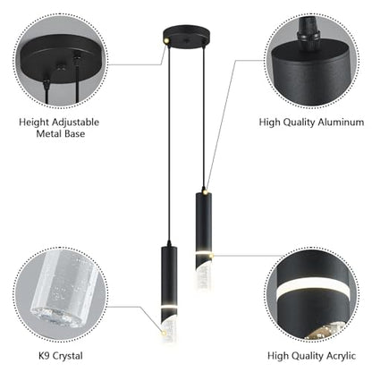 Modern Dimmable Led Pendant Lights Kitchen Island, Ideal for Living Room, Bedroom,Sink 12w LED Crystal Energy-Saving Hanging Lamp for Cozy Lighting (Black 2 Light) - size: 2-Light