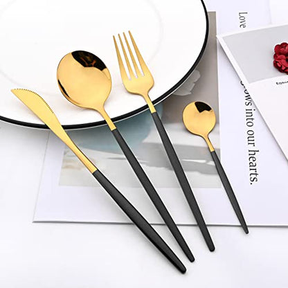 Mirror Cutlery Serving Set, 24-piece 18/0 Stainless Steel Silverware With Black Handle Simple & Modern Tableware For Home Party Restaurant Christmas Dinner, Service For 6 (Black Gold) - color: Black/Gold