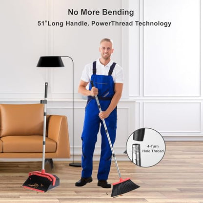 Broom and Dustpan Set for Home, 51" Long Handle Standing Dustpan Black Red - color: Black and Red