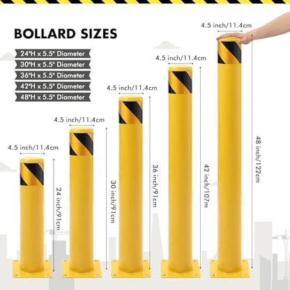 Takywep Heavy Duty Removable Steel Safety Bollard Posts, 4 Pack - 48" Height x 4.5" Diameter - Parking Barrier for Driveways & Circulation Control - Includes 16 Anchor Bolts, Wrench