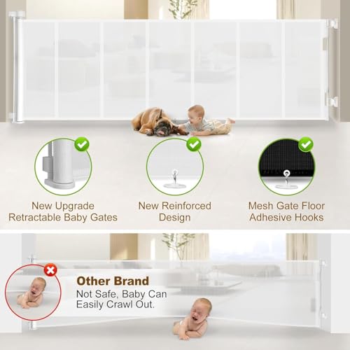 Miumoon 100 inch Reinforced Retractable Baby Gates 34 inch Tall - color: White, size: 34" Tall x 100" Wide