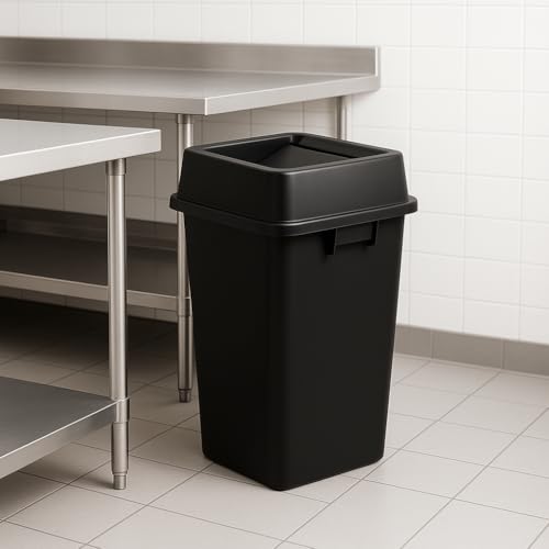 1 Pack Black 19 Gallon Square Commercial Trash Can with Lid, Heavy Duty Plastic Waste Bin with Venting Channels and Built-in Handles - color: Black, size: 19 Gallon