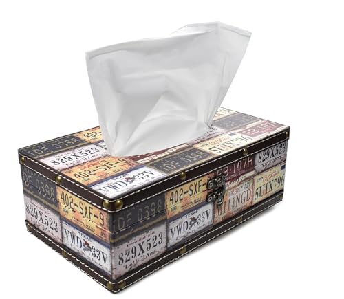 Wood Tissue Box Cover with PU Leather & Vintage Pattern - Rectangle Decorative Tissue Holder for Home, Car, Office, Bathroom, Desk - Fits Standard Medium Tissues with Lid (Stop Style) - color: Stop Style