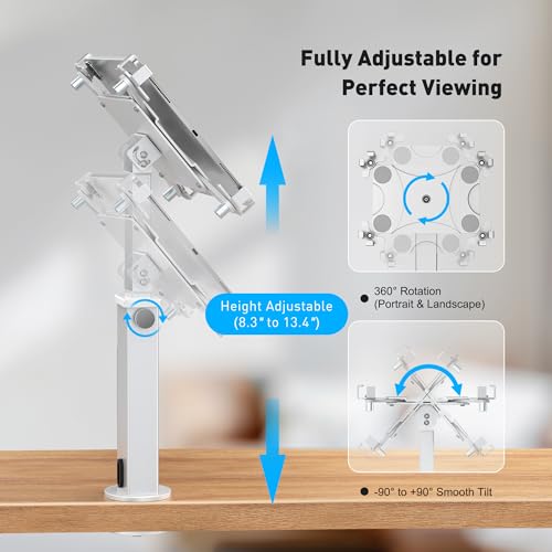 AboveTEK iPad Desk Grommet Mount, Adjustable Tablet Desk Mount with 360° Rotation & 180° Tilt, Fits 9.7"-13" Tablets, Anti-Theft iPad Stand, Heavy-Duty Aluminum Tablet Stand, Perfect for Work - color: Sliver