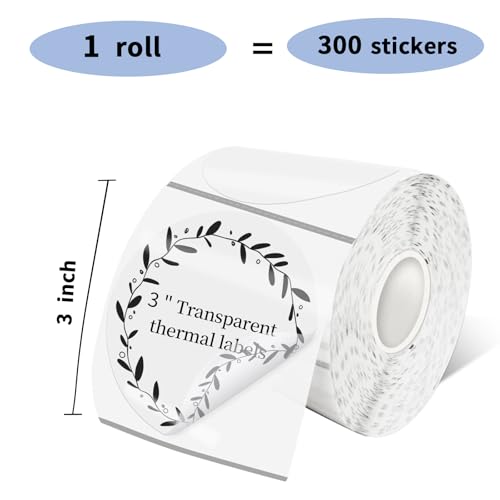 3 Inch Transparent Round Thermal Label, Self-Adhesive Clear Waterproof Circle Sticker for Logo Design, Multipurpose Direct Thermal Labels, 300 Sheets/1 Roll - color: Clear, size: 3 inch