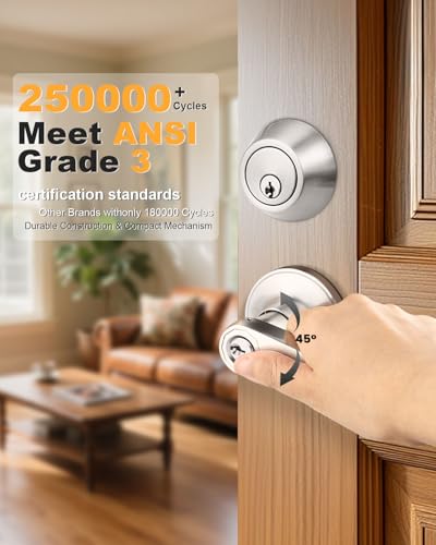 Gobrico Satin Nickel Keyed-Alike Door Levers and Single Cylinder Deadbolts Combination Sets Front Door Locksets, with Same Key, Locking Handle with Deadbolt Same Key, 2Pack - color: Satin Nickel, size: 2 Pack